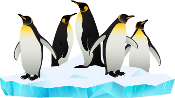 Penguins floating on ice